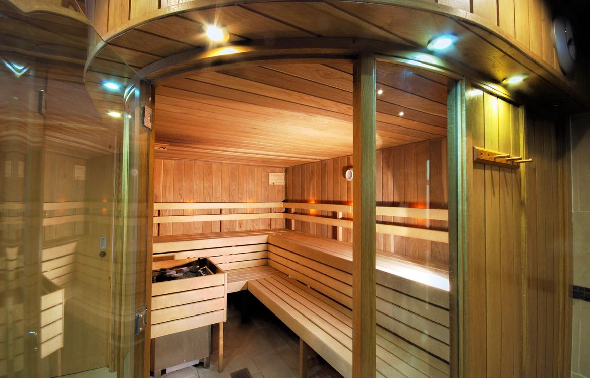 Modern sauna  with curved glass door