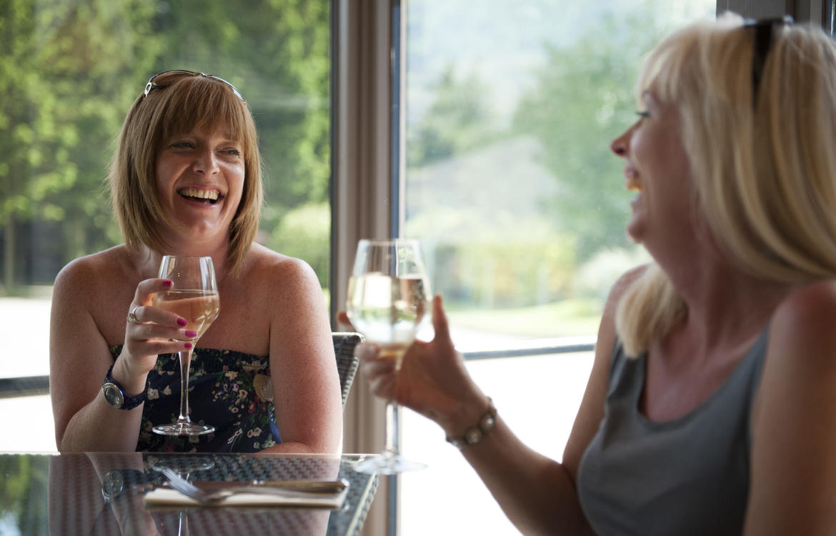 Friends enjoying a glass of wine in the conservatory area