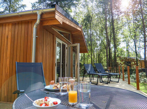 Large verandah area with relaxing sun loungers, double doors open to the lodge