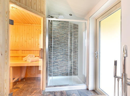 stylish bathroom with large freestanding bath, sauna and large shower cubicle