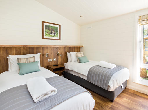 Twin beds with crisp white bedding and grey foot runner, feature wooden bed head 