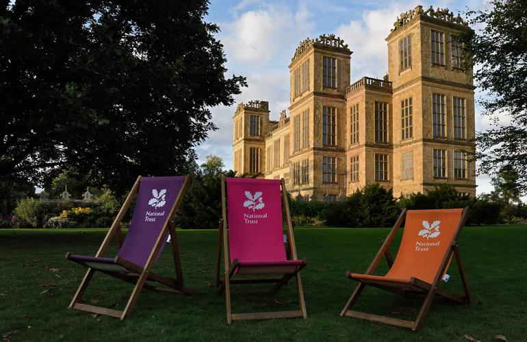 NAtional Trust deckchairs outside Hardwick Hall